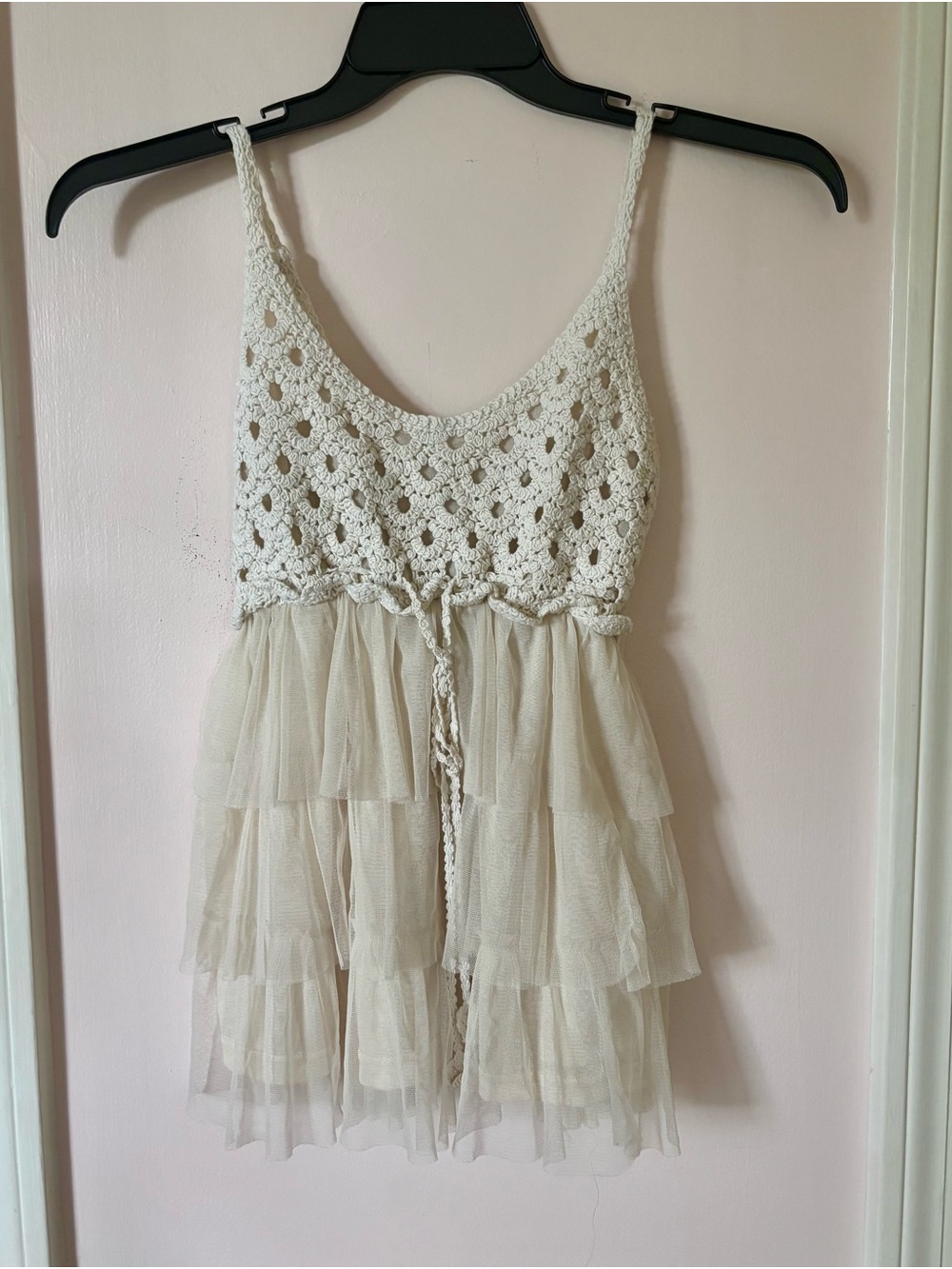 Vintage Crochet Bodice Tiered Tulle top - Cream